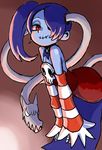  1girl bare_shoulders blue_skin blush detached_collar detached_sleeves dress hair_over_one_eye leviathan_(skullgirls) looking_at_viewer red_eyes side_ponytail sienna_contiello skull skullgirls smile squigly_(skullgirls) stitched_mouth striped_sleeves yamamoto_souichirou zombie 