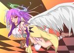  akiryu angel_wings asymmetrical_gloves asymmetrical_legwear blush book breasts gloves gradient_hair halo holding holding_book jibril_(no_game_no_life) large_breasts lavender_hair long_hair looking_at_viewer midriff multicolored_hair no_game_no_life one_eye_closed open_mouth shoes single_shoe solo tattoo white_wings wings yellow_eyes 