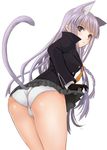  animal_ears ass black_gloves braid cat_ears cat_tail danganronpa danganronpa_1 from_behind gloves hijiri_ruka kirigiri_kyouko leaning_forward looking_back necktie panties pleated_skirt purple_eyes purple_hair side_braid sidelocks skirt skirt_lift solo tail underwear white_panties 