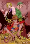  3boys asuma_(sorawomai) black_hair blonde_hair crown food formal gold green_hair hat jacket_on_shoulders meat monkey_d_luffy multiple_boys one_piece pirate roronoa_zoro sandals sanji smoking standing straw_hat suit sword treasure trio weapon 