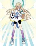  afuro_terumi angel_wings armband ball bike_shorts inazuma_eleven inazuma_eleven_(series) l_hakase long_hair looking_at_viewer male_focus multiple_wings open_mouth seraph soccer_ball solo telstar wings zeus_(inazuma_eleven) 