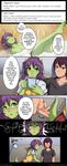  1girl animeflux barefoot bath blue_eyes breasts cleavage closed_eyes comic dharo_(animeflux) dragon_girl english feet green_skin highres horns medium_breasts nalica_(animeflux) original pointy_ears purple_hair scar short_hair tail tail_fondling toe_scrunch toes you_gonna_get_raped 