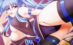  blue_hair blush breasts cameltoe cleavage highres large_breasts long_hair lyrical_nanoha mahou_shoujo_lyrical_nanoha mahou_shoujo_lyrical_nanoha_a's mahou_shoujo_lyrical_nanoha_a's_portable:_the_battle_of_aces material-l older red_eyes solo tappa_(esperanza) thighhighs twintails 