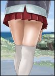  adjusting_clothes adjusting_legwear border close-up cyber_(cyber_knight) day from_behind girls_und_panzer ground_vehicle insignia kay_(girls_und_panzer) legs light_tank m24_chaffee military military_vehicle motor_vehicle ocean over-kneehighs pleated_skirt saunders_school_uniform signature skirt sky solo tank thighhighs white_legwear zettai_ryouiki 