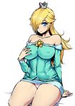  arm_support bare_shoulders blonde_hair breasts collarbone covered_nipples crown curvy hair_over_one_eye hand_on_own_chest impossible_clothes ishimiso_(ishimura) large_breasts long_hair looking_at_viewer mario_(series) miniskirt off_shoulder panties pantyshot pantyshot_(sitting) rosetta_(mario) seiza sitting skirt solo super_mario_bros. super_mario_galaxy thighs underwear wide_hips 
