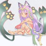  animal_ears anklet armlet bare_shoulders barefoot bastet_(p&amp;d) breasts cat cat_ears cat_tail claws colored_eyelashes dark_skin dress egyptian facial_mark gekka_no_aibyoushin_bastet headpiece jewelry long_hair naya paws purple_hair puzzle_&amp;_dragons red_eyes sideboob sitting small_breasts solo tail very_long_hair white_dress 