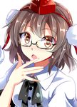  bespectacled black_hair brown_eyes e.o. glasses hat hat_ribbon highres looking_at_viewer open_mouth ribbon shameimaru_aya shirt solo tokin_hat touhou upper_body 