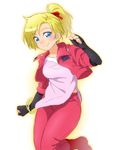  blonde_hair blue_eyes blush boots bracelet coat elle_vianno fingerless_gloves gloves gundam gundam_zz hair_ribbon jewelry looking_at_viewer onsoku_maru ponytail ribbon shiny shiny_hair smile solo 