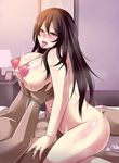  1boy 1girl areolae bed bedroom black_hair blush breast_grab breasts brown_eyes cowgirl_position grabbing huge_breasts jewelry long_hair megane_man mole nipples nude original puffy_nipples ring sex solo_focus straddling tongue tongue_out 