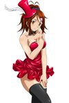  bachou_mouki bare_shoulders black_bow black_legwear bow bowtie breasts brown_hair cleavage collarbone dress hair_ornament hair_scrunchie hat high_ponytail ikkitousen looking_at_viewer medium_breasts mini_hat red_dress red_hat scrunchie shiny shiny_skin simple_background smile solo strapless strapless_dress thighhighs white_background white_feathers yellow_eyes 