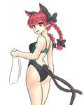  animal_ears ass braid cat_ears cat_tail competition_swimsuit isaki_(gomi) kaenbyou_rin looking_back multiple_tails nekomata one-piece_swimsuit red_eyes red_hair swimsuit tail touhou towel twin_braids two_tails 