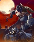  armor black_hair bow_(weapon) breasts cape crossbow full_moon galio gargoyle gauntlets greenmarine hair_ribbon highres knee_pads league_of_legends lips long_hair medium_breasts moon multi-tied_hair nose one_knee over_shoulder red-tinted_eyewear red_sky ribbon serious shauna_vayne sky solo sunglasses weapon weapon_over_shoulder 