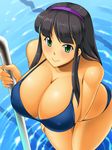  bare_shoulders bikini black_hair blue_bikini breasts cleavage green_eyes hairband huge_breasts kawanuma_uotsuri long_hair looking_at_viewer original pool smile solo swimsuit 