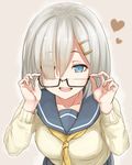  :d adjusting_eyewear aoi_chizuru beige_background bespectacled black-framed_eyewear blue_eyes cardigan eyes_visible_through_hair glasses hair_ornament hair_over_one_eye hairclip hamakaze_(kantai_collection) heart highres kantai_collection leaning_forward looking_at_viewer looking_over_eyewear necktie open_mouth sailor_collar school_uniform semi-rimless_eyewear serafuku short_hair silver_hair simple_background smile solo under-rim_eyewear 