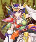  armor bad_id bad_pixiv_id blue_hair boots breasts cleavage detached_sleeves dragon energy_lock_seed food fruit genesis_driver highres jewelry kamen_rider kamen_rider_gaim_(series) kamen_rider_zangetsu_shin lock_seed medium_breasts melon multicolored_hair neck_ribbon necklace personification ponytail purple_eyes purple_hair ribbon rider-tan rider_belt shisaki_tayu skirt solo thigh_boots thighhighs two-tone_hair weapon 