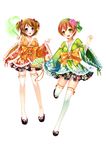  blush brown_hair frilled_kimono frills grandia_bing hoshizora_rin japanese_clothes kimono koizumi_hanayo love_live! love_live!_school_idol_project multiple_girls open_mouth orange_hair ribbon-trimmed_legwear ribbon-trimmed_sleeves ribbon_trim short_hair simple_background smile thighhighs white_background 