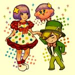  1girl bad_id bad_twitter_id blonde_hair bow bowtie closed_eyes copy_ability formal hat holding_hand holding_hands kirby kirby_(series) kyary_pamyu_pamyu link madogiwa_totto pointy_ears purple_hair short_hair smile suit the_legend_of_zelda the_legend_of_zelda:_the_wind_waker toon_link top_hat 