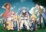  4girls alternate_costume alternate_hairstyle bandana blonde_hair blue_eyes blue_hair boots bow braid brown_hair cabbie_hat chair cloud cooler cowboy_boots denim eating fence food grass hair_bow hair_ornament hair_ribbon hairband hairclip hand_on_own_head hat hatsune_miku issindotai jeans kagamine_len kagamine_rin kaito long_hair looking_at_viewer megurine_luka meiko multiple_boys multiple_girls onigiri open_mouth overalls pants picnic picnic_basket pink_hair purple_eyes red_shirt ribbon sandwich shirt short_hair short_ponytail single_braid sitting skirt sky smile standing standing_on_one_leg straw_hat tank_top tree twintails vest vocaloid windmill 