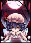  ascot bad_id bad_pixiv_id bat_wings dress full_moon hat highres lips looking_at_viewer maryquant moon purple_hair red_eyes red_moon remilia_scarlet short_hair short_sleeves smile solo touhou wings wrist_cuffs 