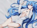  1girl akame_ga_kill! aqua_eyes aqua_hair bed bed_sheet blue_eyes blue_hair blush breasts cleavage collarbone colored_eyelashes dress_shirt esdeath esdese highres indoors large_breasts legs long_hair long_sleeves lying naked_shirt no_bra on_bed shirt tattoo thighs undressing very_long_hair 