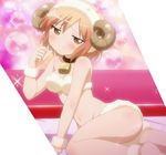  1girl ass bare_shoulders bell breasts cleavage cosplay delusion horns kotoura-san kotoura_haruka looking_at_viewer medium_breasts smile solo sparkle 