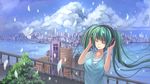  bird city cityscape closed_eyes cloud day feathers green_hair hands_on_headphones hatsune_miku headphones highres long_hair sky solo twintails vocaloid youxuemingdie 