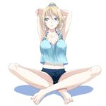  absurdres armpits arms_behind_head arms_up ayase_eli bare_legs barefoot belly_peek blonde_hair blue_eyes breasts collarbone feet full_body highres indian_style large_breasts legs long_legs love_live! love_live!_school_idol_project md5_mismatch navel ponytail short_shorts shorts simon_(n.s_craft) simple_background sitting solo stretch sweat tank_top toes white_background 