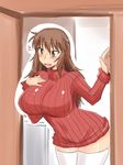 1girl bach breasts brown_eyes brown_hair curvy female huge_breasts leaning_forward long_hair miniskirt open_mouth original ribbed_sweater sketch skirt solo standing sweater thighhighs white_legwear white_thighhighs 