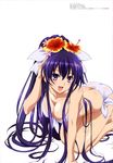  :d absurdres all_fours bikini breasts cleavage date_a_live flower front-tie_top hair_flower hair_ornament hair_tucking hibiscus highres ishino_satoshi large_breasts long_hair official_art open_mouth purple_eyes purple_hair scan shiny shiny_skin side-tie_bikini sidelocks simple_background smile solo swimsuit very_long_hair wet wet_hair white_background white_bikini yatogami_tooka 