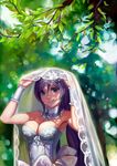 armpits arms_up bad_id bad_pixiv_id bare_shoulders blue_eyes blurry bokeh breasts bridal_veil bride choker cleavage collar dappled_sunlight day depth_of_field dress highres large_breasts leaf long_hair looking_at_viewer love_live! love_live!_school_idol_project mz_ming nature outdoors plant purple_hair see-through smile solo strapless strapless_dress sunlight toujou_nozomi tree upper_body veil veil_lift wedding_dress wrist_cuffs 