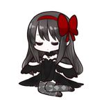  akemi_homura akuma_homura argyle argyle_legwear bare_shoulders black_dress black_gloves black_hair bow chibi choker closed_eyes dress elbow_gloves facing_viewer fc_(efushii) gloves hair_bow long_hair lowres mahou_shoujo_madoka_magica mahou_shoujo_madoka_magica_movie simple_background solo spoilers thighhighs white_background wings zettai_ryouiki 