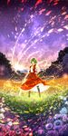  arkatopia ascot closed_umbrella dusk field flower flower_field frilled_skirt frills green_hair hand_on_hip highres kazami_yuuka nature pantyhose parasol plaid plaid_skirt plaid_vest planted_umbrella purple_sky scenery shirt short_hair skirt sky smile star_(sky) starry_sky touhou umbrella vest 