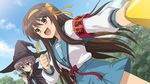  armband black_hair blue_skirt brown_hair cape clenched_hand cloud day game_cg hair_ribbon hat highres kita_high_school_uniform long_hair multiple_girls nagato_yuki non-web_source official_art open_mouth ribbon school_uniform serafuku short_hair skirt sky suzumiya_haruhi suzumiya_haruhi_no_shoushitsu suzumiya_haruhi_no_tsuisou suzumiya_haruhi_no_yuuutsu wand witch_hat 