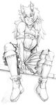  ankle_boots armband bare_shoulders blush boots choker greyscale horn_ribbon horns long_hair monochrome monster_girl monster_girl_encyclopedia muscle ogre ogre_(monster_girl_encyclopedia) pointy_ears ribbon sitting sketch skirt skirt_tug socks solo tattoo whistle_frog 