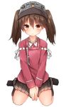  between_legs black_legwear blush brown_eyes brown_hair brown_skirt hand_between_legs hands_together highres japanese_clothes kantai_collection kariginu kneehighs looking_at_viewer magatama mizushina_minato no_shoes pleated_skirt ryuujou_(kantai_collection) seiza simple_background sitting skirt solo twintails visor_cap white_background 