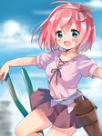  bad_id bad_pixiv_id blue_eyes blush cloud day grin headwear melompan ole_tower pincers_(ole_tower) pincers_(tool) red_hair shirt short_sleeves skirt sky smile solo 