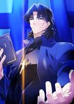  bible black_eyes black_hair book brown_eyes brown_hair cross cross_necklace empty_eyes fate/stay_night fate_(series) highres jewelry kon_manatsu kotomine_kirei long_hair male_focus necklace solo 