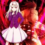  1girl bad_id bad_pixiv_id berserker fate/stay_night fate_(series) hand_on_hip illyasviel_von_einzbern long_hair looking_at_viewer muscle pink_eyes silver_hair skirt smile ty_1865 