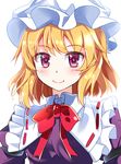  blonde_hair blush bow dress e.o. frilled_shirt_collar frills hat highres looking_at_viewer maribel_hearn mob_cap purple_eyes short_hair smile solo touhou upper_body white_background 