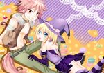  1boy 1girl animal_ears ass blonde_hair breasts cake candy elbow_gloves fairy_tail food gloves halloween hat lucy_heartfilia medium_breasts morizuki_yuma natsu_dragneel paw_gloves pink_hair skirt tail thighhighs witch_hat 