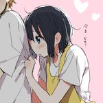  1girl alternate_hair_length alternate_hairstyle apron black_hair blue_eyes blush brown_hair couple heart hetero kitashirakawa_tamako mole mole_on_neck momose_(oqo) older ooji_mochizou short_hair solo_focus tamako_market 