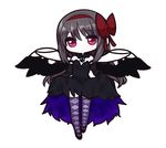  akemi_homura akuma_homura argyle argyle_legwear bare_shoulders black_dress black_gloves black_hair bow chibi choker dress elbow_gloves fc_(efushii) gloves hair_bow long_hair looking_at_viewer mahou_shoujo_madoka_magica mahou_shoujo_madoka_magica_movie purple_eyes simple_background skirt_hold solo spoilers thighhighs white_background wings zettai_ryouiki 