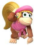  1girl barefoot blonde_hair bottomless dixie_kong donkey_kong_(series) feet green_eyes hat highres long_hair nintendo official_art ponytail simple_background smile solo toes 