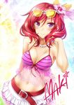  belt bikini blush breasts buckle cleavage cowboy_shot eyewear_on_head flower front-tie_top hair_flower hair_ornament hibiscus jewelry love_live! love_live!_school_idol_project medium_breasts natsuiro_egao_de_1_2_jump! navel necklace nishikino_maki okitakung pink_bikini purple_eyes red_hair short_hair skirt smile solo stomach sunglasses swimsuit 