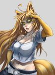  adjusting_eyewear ahoge animal_ears bad_deviantart_id bad_id belt blonde_hair bra_strap breasts crop_top crop_top_overhang denim fox_ears fox_tail fur glasses grey_background groin huge_ahoge jeans kaede_(whistle_frog) kitsune large_breasts lips lipstick long_hair makeup midriff navel nose off-shoulder_shirt original pants shirt simple_background slit_pupils solo sunglasses tail very_long_hair whistle_frog yellow_eyes 