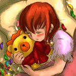  blush candy food hug jelly_bean kosumo_(kosuhoshi) lowres red_hair sakutarou sleeping stuffed_animal stuffed_lion stuffed_toy tears umineko_no_naku_koro_ni ushiromiya_maria 