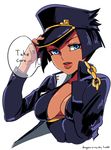  bad_id bad_tumblr_id black_hair blue_eyes bob_cut breasts cleavage cosplay d-ryuu dark_skin eliza_(skullgirls) hat hat_tip high_collar jacket jojo_no_kimyou_na_bouken kuujou_joutarou kuujou_joutarou_(cosplay) large_breasts lips no_bra peaked_cap skullgirls solo speech_bubble upper_body watermark web_address 