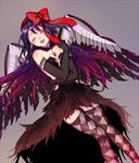  akemi_homura akuma_homura argyle argyle_legwear bare_shoulders black_dress black_gloves black_hair bow choker closed_eyes dress elbow_gloves facing_viewer feathered_wings gloves grey_background hair_bow long_hair mahou_shoujo_madoka_magica mahou_shoujo_madoka_magica_movie purple_eyes simple_background solo spoilers thighhighs wings zettai_ryouiki 