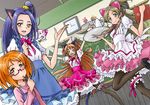  animal_ears black_legwear blue_eyes blush bow brown_hair cat_ears cat_tail classroom cup cupcake eunos food glasses green_eyes highres houjou_hibiki hummy_(suite_precure) kurokawa_eren long_hair menu minamino_kanade mouth_hold multiple_girls orange_hair outstretched_arms pantyhose pink_bow precure purple_hair seiren_(suite_precure) shirabe_ako short_hair smile spoon spread_arms suite_precure tail teacup teapot thigh_strap tray twintails waitress yellow_eyes 