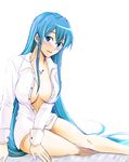  akame_ga_kill! bed_sheet blue_eyes blue_hair blush breasts cleavage colored_eyelashes dress_shirt esdeath highres large_breasts long_hair long_sleeves looking_at_viewer naked_shirt open_clothes open_shirt shiny shiny_hair shirt simple_background sitting smile solo syuka-yb tattoo unbuttoned white_background 